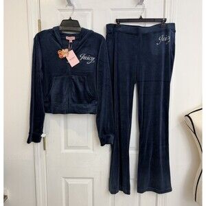 Juicy Couture Regal Blue Velour Tracksuit Hoodie and Flare Pants Set NWT